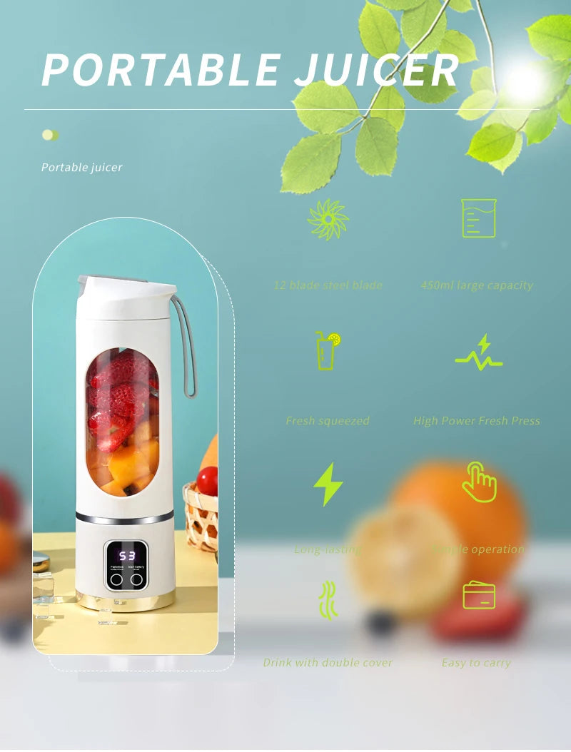 450mL Portable Fruit Juicer with 8 Page Blade Home USB Rechargeable Large Capacity with Digital Display Juice Maker Machine