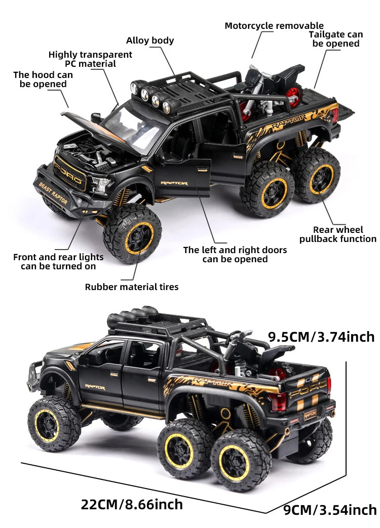 1:24 Pickup Trucks for Boys F150 Raptor Diecast Metal Model Car with Sound and Light for Kids Age 3 Year and up Blue