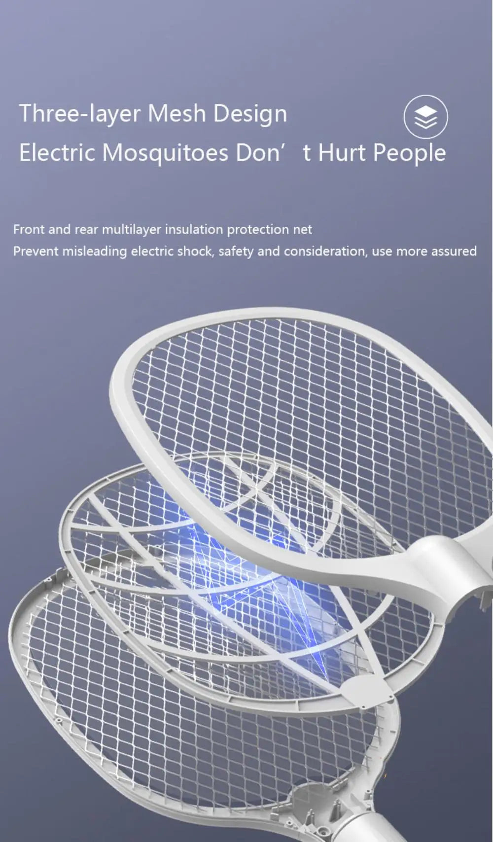 3 IN 1 Electric Mosquito Swatter Mosquito Killer 2500V USB Rechargeable Angle Not Adjustable Electric Bug Zapper Fly Bat Swatter