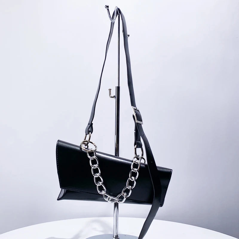 Black Messenger Bag For Women Luxury Designer Handbags Purses 2024 New In Fashion Asymmetrical Chain Decorate Shoulder Crossbody