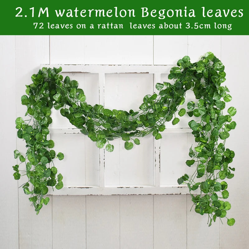 2.1M Artificial Plant Green Ivy Leaf Garland Silk Wall Hanging Vine Home Garden Decoration Wedding Party DIY Fake Wreath Leaves