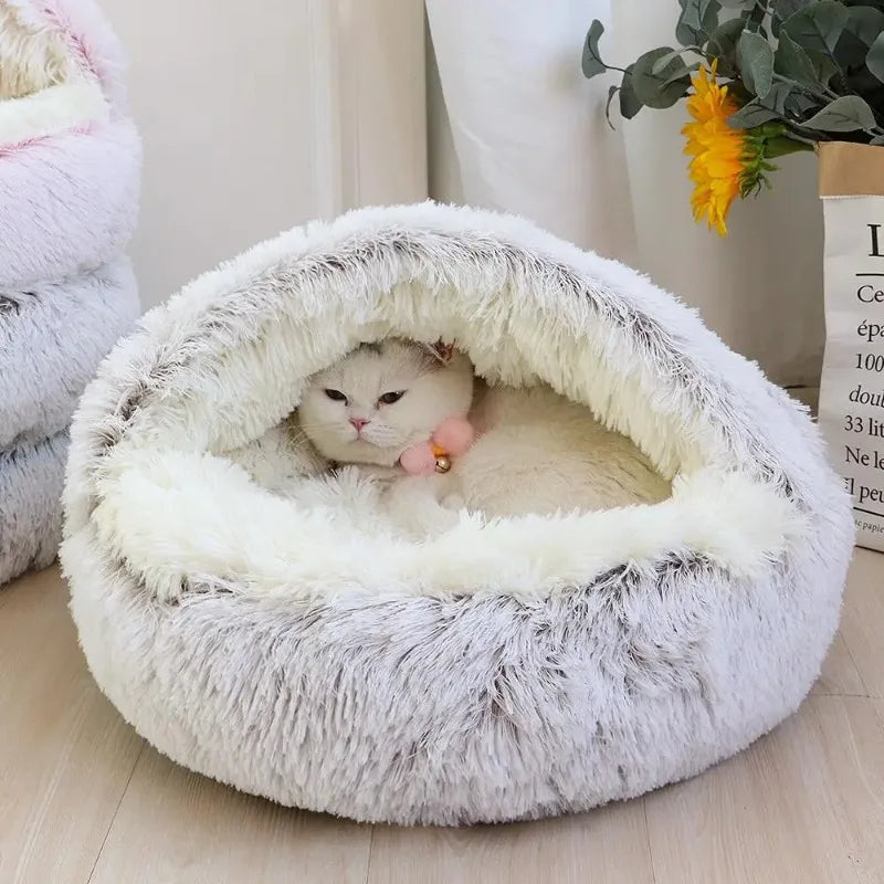 1PC Cat Beds Round Soft Plush Burrowing Cave Hooded Cat Bed Donut for Dogs Cats Comfortable Self Warming Dog Bed Pet Accessories