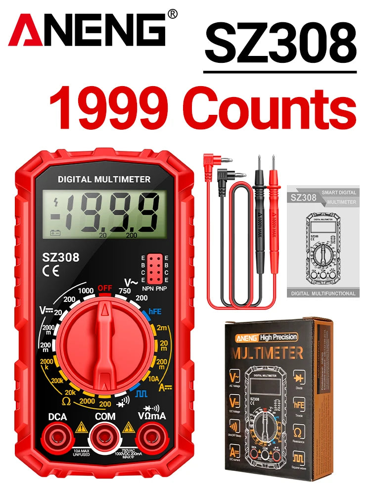 ANENG SZ308 Square Wave Digital Tester 1999 Counts HFE Triode Buzzer Multimeter AC/DC Voltage 10A Current Multimeters Meter Tool