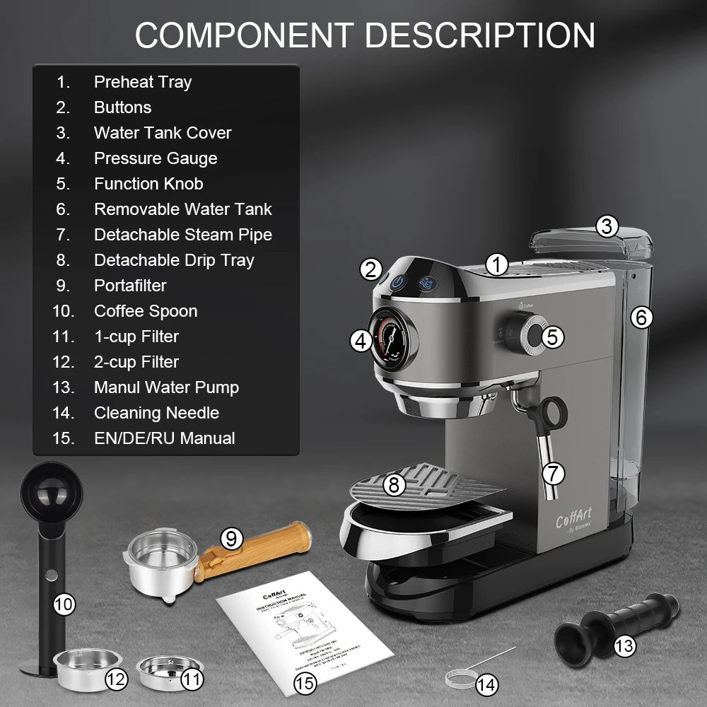 BioloMix 20 Bar Semi Automatic Coffee Machine, with Milk Steam Frother Wand,for Espresso,Cappuccino,Latte and Mocha