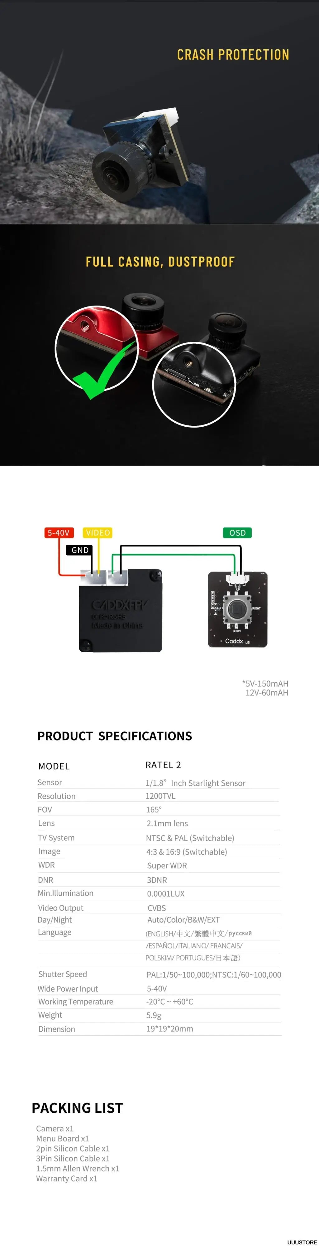 Caddx Ratel 2 V2 FPV Camera Ratel2 2.1mm Lens 16:9/4:3 NTSC/PAL Switchable 19*19mm Super WDR for FPV Racing Drone RC Model