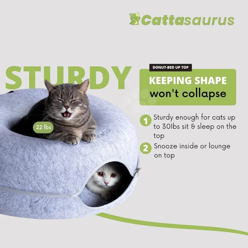 CATTASAURUS Peekaboo Cat Cave for Multiple & Large Cats Up to 30-45 Lbs, Scratch Detachable & Washable Tunnel Bed,Donut Cat Cave