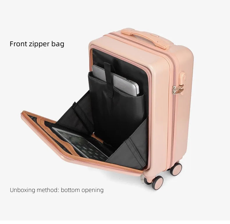 20 inch multifunctional front opening business luggage with swivel wheels and a pull rod