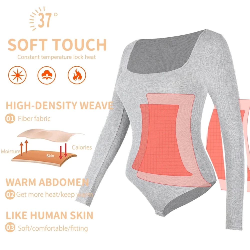 Autumn Square Neck Bodysuit Women's Long Sleeved Shapewear Tummy Control Body Shaper Lady Streetwear Female Warm Clothing Winter