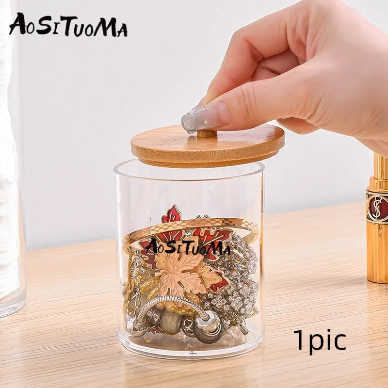 1pc High Appearance Level Transparent Cotton Swab Can Dustproof Storage Box Household Desktop Circular Storage Tank