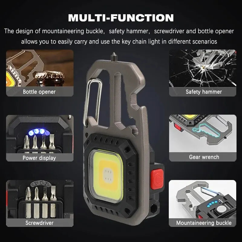 COB Keychain Work Light with Battery Display 8Mode Rechargeable High Lumens Portable LED Light for Camping Hiking Running