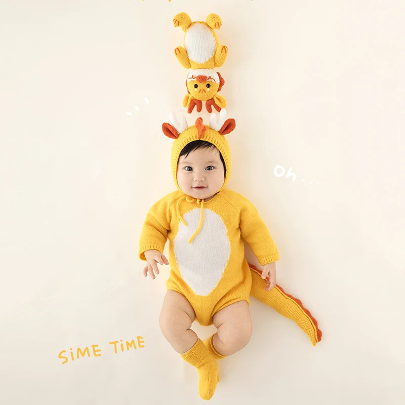 Baby Photography Clothes Lovely Knitted Dragon Outfit With Tail 3-5 Month Infant Photoshoot Props Sunflower Pillow Photo Prop