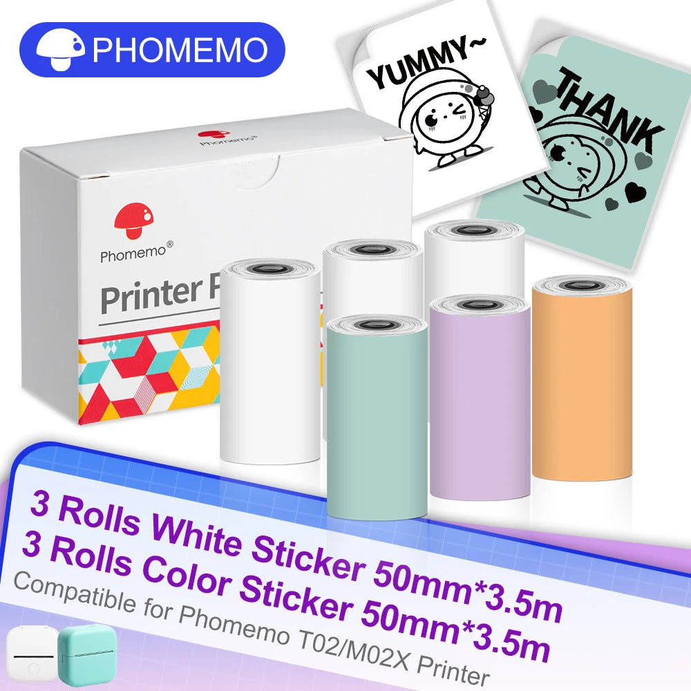 6 Rolls Phomemo Thermal Paper Adhesive Sticker DIY label Sticker Thermal Paper for T02 M02X Mini Portable Thermal Printer