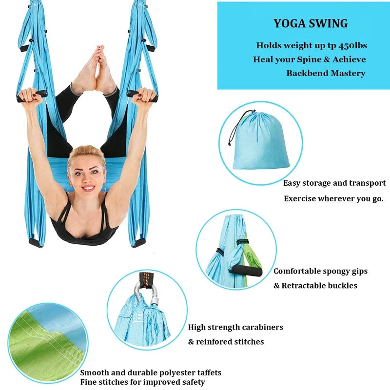 6 Handles Aerial Yoga Hammock Swing Outdoor Indoor Antigravity Hanging Sling Yoga Pilates Trapeze Inversion Exercises+Carry Bag