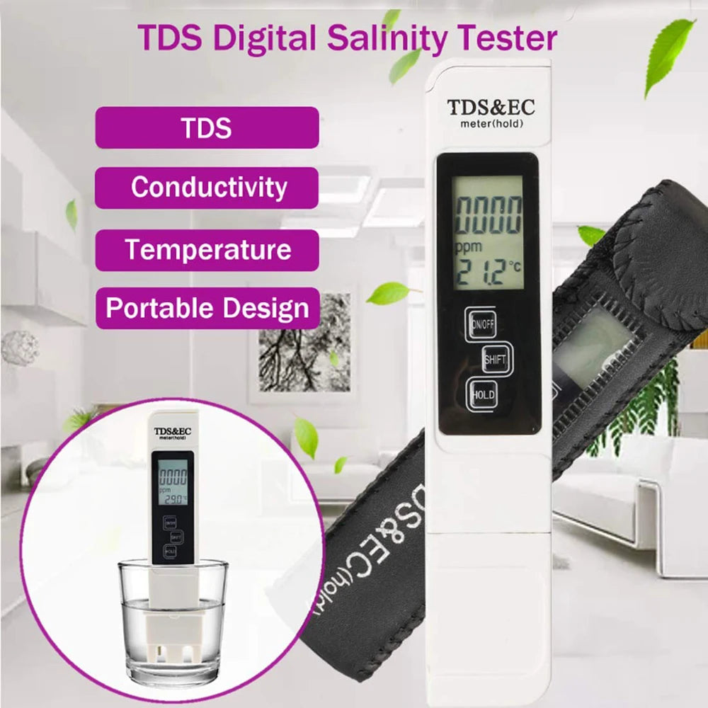 1PC White Digital Water Quality Tester TDS EC Meter Range 0 to 9990 Multifunctional Water Purity Temperature TEMP PPM Tester