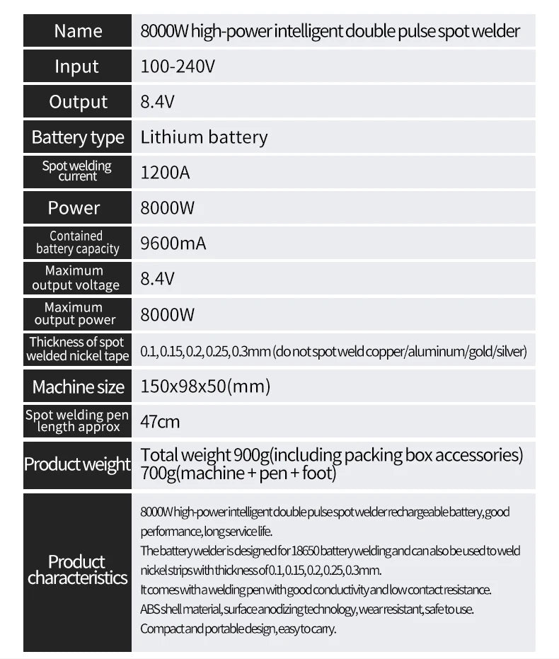 8000W Mini Spot Welder Kit DIY Automat 18650 Battery Pack Welding Portable Spot Welding Machine Pen For 0.15MM Nickel Strip