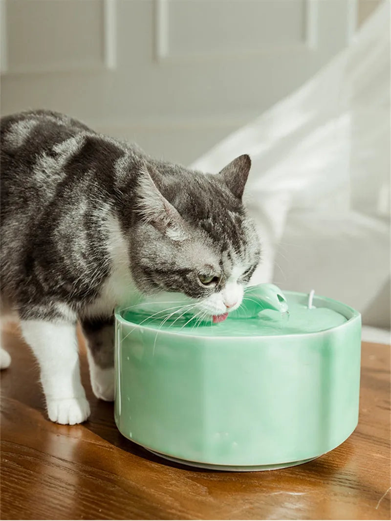 Auto Pet Water Fountain Drinker for Cats and Dog,Ceramic Cat Drinking Bowl,Pet Water Dispenser,2L Cat Fountain Indoor Decor MUTE