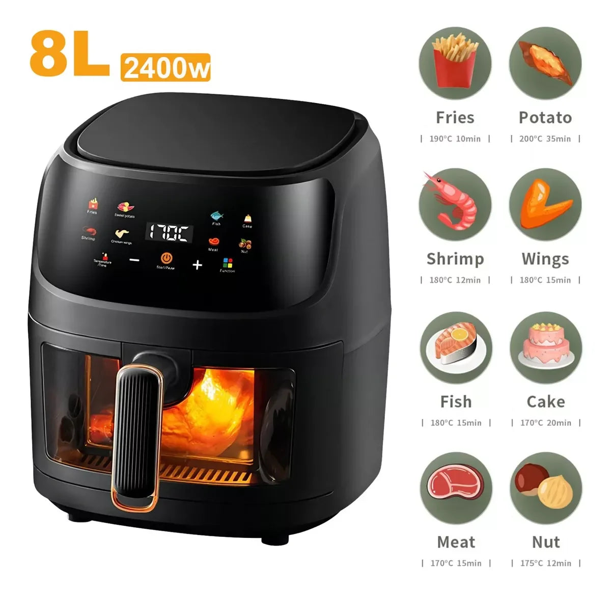 8L 2400W Air Fryer With Touch Screen Temperature Control And Display Programmable Air Fryer (8 Liters)