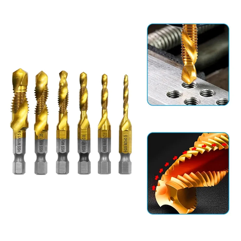 6pc High-speed Steel 4341 Titanium Plated Composite Tap Drill and Tap Integrated Machine Tap Open and Chamfer Tool Set