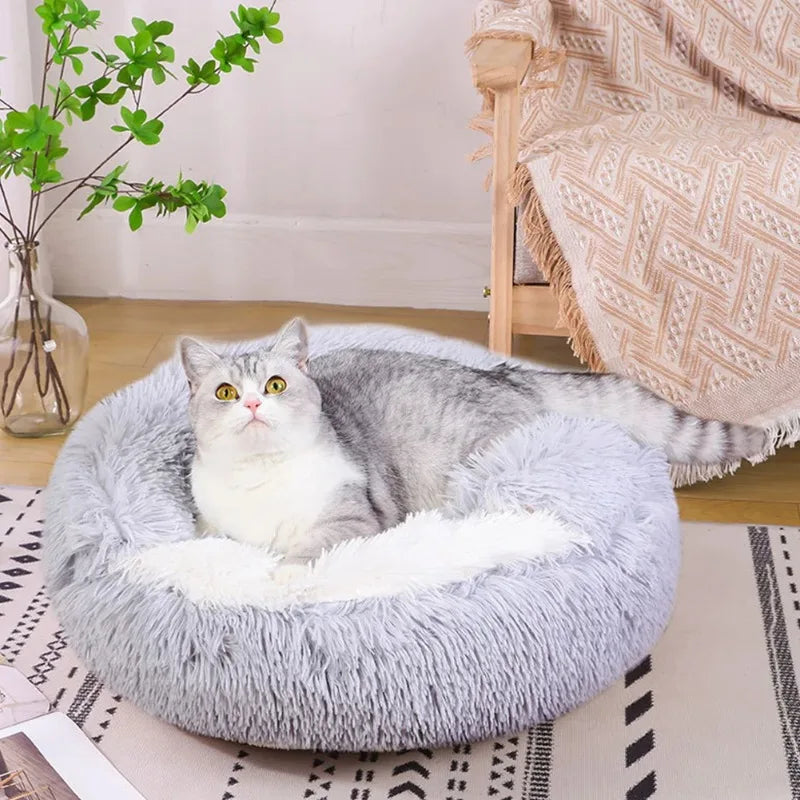 1PC Cat Beds Round Soft Plush Burrowing Cave Hooded Cat Bed Donut for Dogs Cats Comfortable Self Warming Dog Bed Pet Accessories