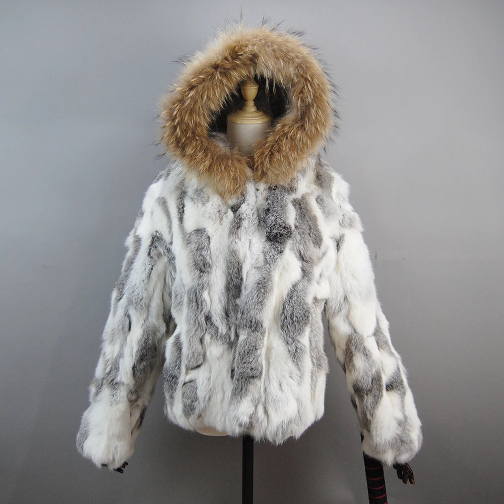 2025 Russian Women Real Rabbit Fur Coats Winter Warm 100% Natural Rabbit Fur Jacket Lady Warm With Raccoon Fur Hooded Outerwear