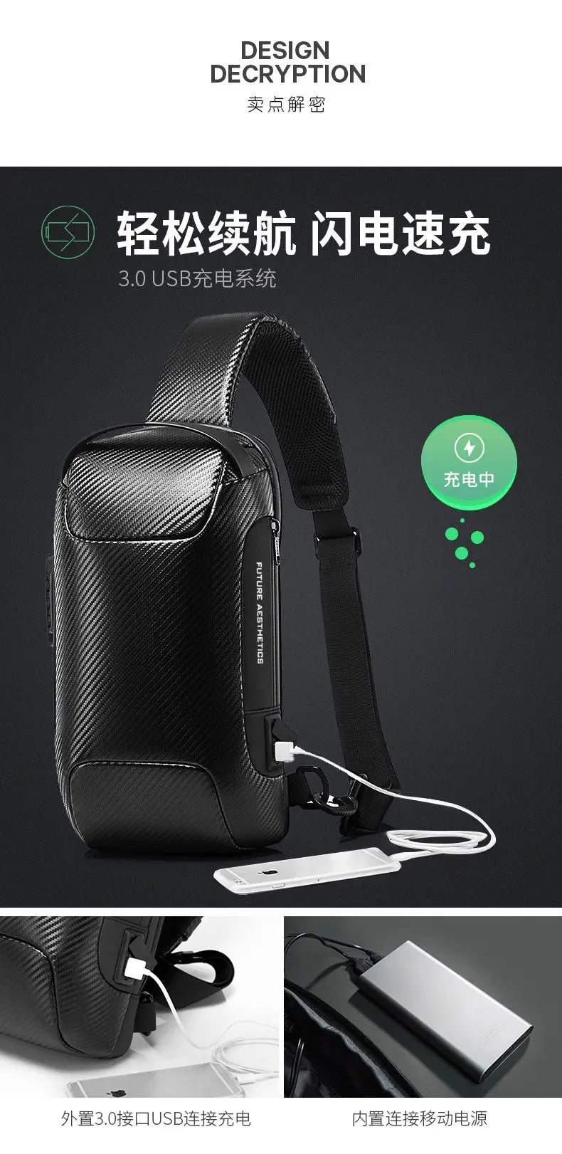 BANGE Upgraded  Chest Bag Pack Men Waterproof Multifunction Carbon Fiber Pattern Crossbody Bag USB Sling Shoulder Bags Messenger