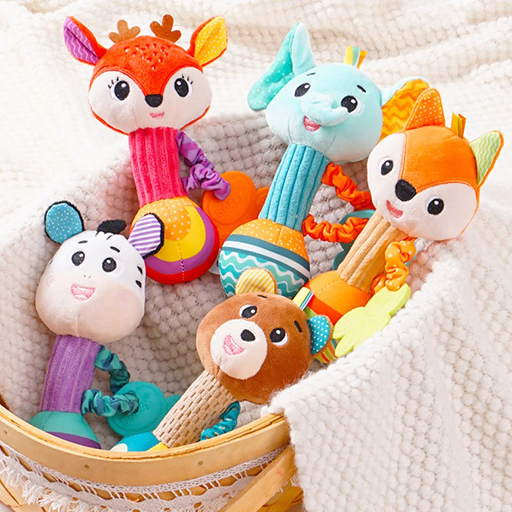 Baby Rattles Soft Stuffed Animal Rattle Hand Grip Baby Toys Shaker Crinkle Squeaky Sensory Travel Accessories for Toddler Gifts