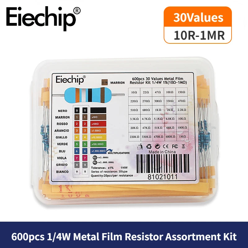 300/600PCS 30Values 1/4W Metal Film Resistor Kit with Box 10Ohm ~1M Resistance 1% Set of Resistors