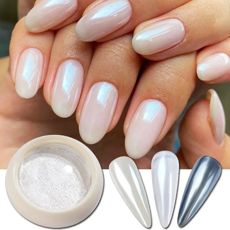 Aurora Pearl White Nails Glitter Dust Chrome Moonlight White Rubbing on Powder Shell Mirror Pigment Nail Art Supplies Decoration