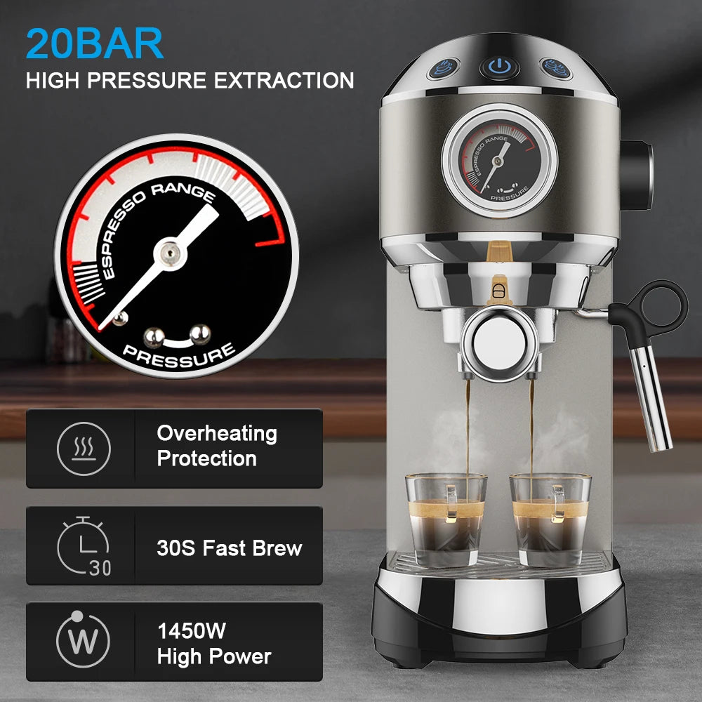 BioloMix 20 Bar Semi Automatic Coffee Machine, with Milk Steam Frother Wand,for Espresso,Cappuccino,Latte and Mocha