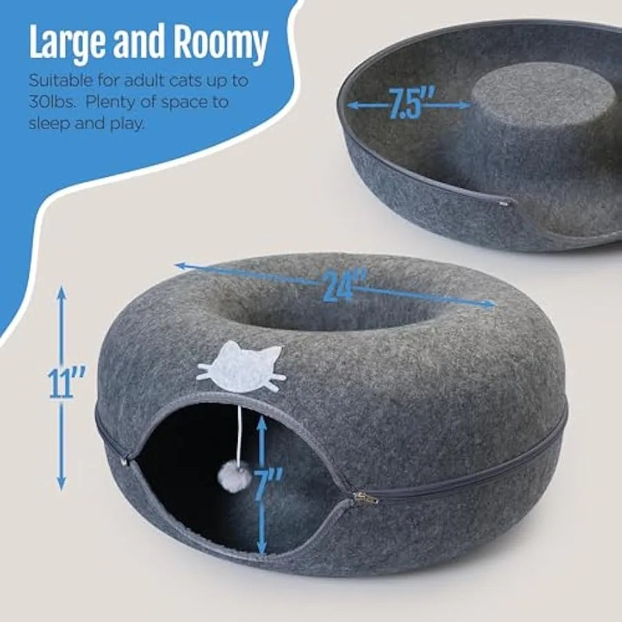 Cat Cave Donut Bed - Large Cat Tunnel Bed up to 30lbs - 3 Toy Balls and Hanging Ball Included - Detachable Cleanable Scratch Re