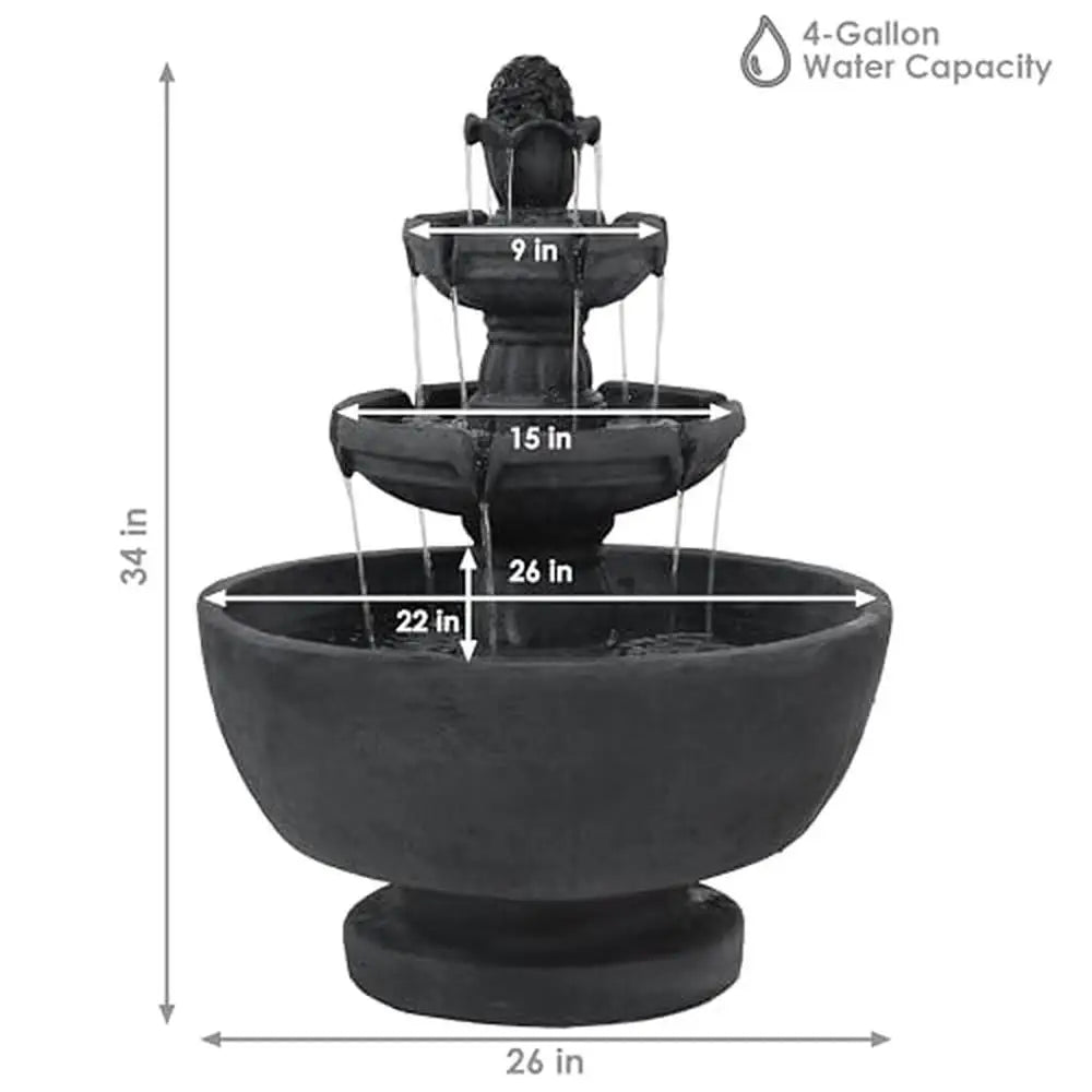 34" 3-Tier Outdoor Water Fountain Waterfall Feature Patio Yard or Lawn Resin Material Relaxing Sounds Easy Setup Dark Gray