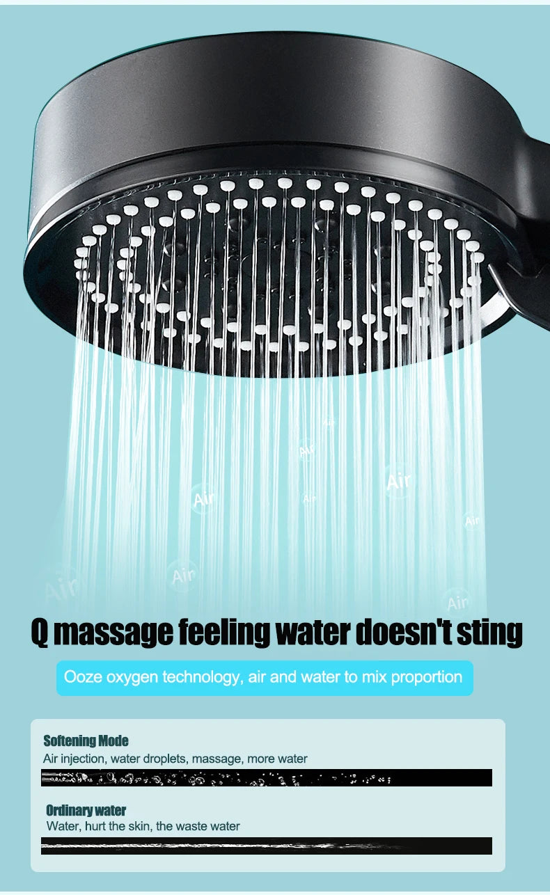 5 Modes Adjustable Rain Drenching Mode Black Bath Shower Head Head Water Saving High Pressure Showerhead Bathroom Accessories