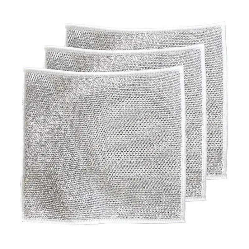 10pcs Magic Dishcloth Silver Wire Cleaning Kitchen Cloth Thickened Microfiber Wash Towel Built-in Sponge Steel Wire Ball Rag