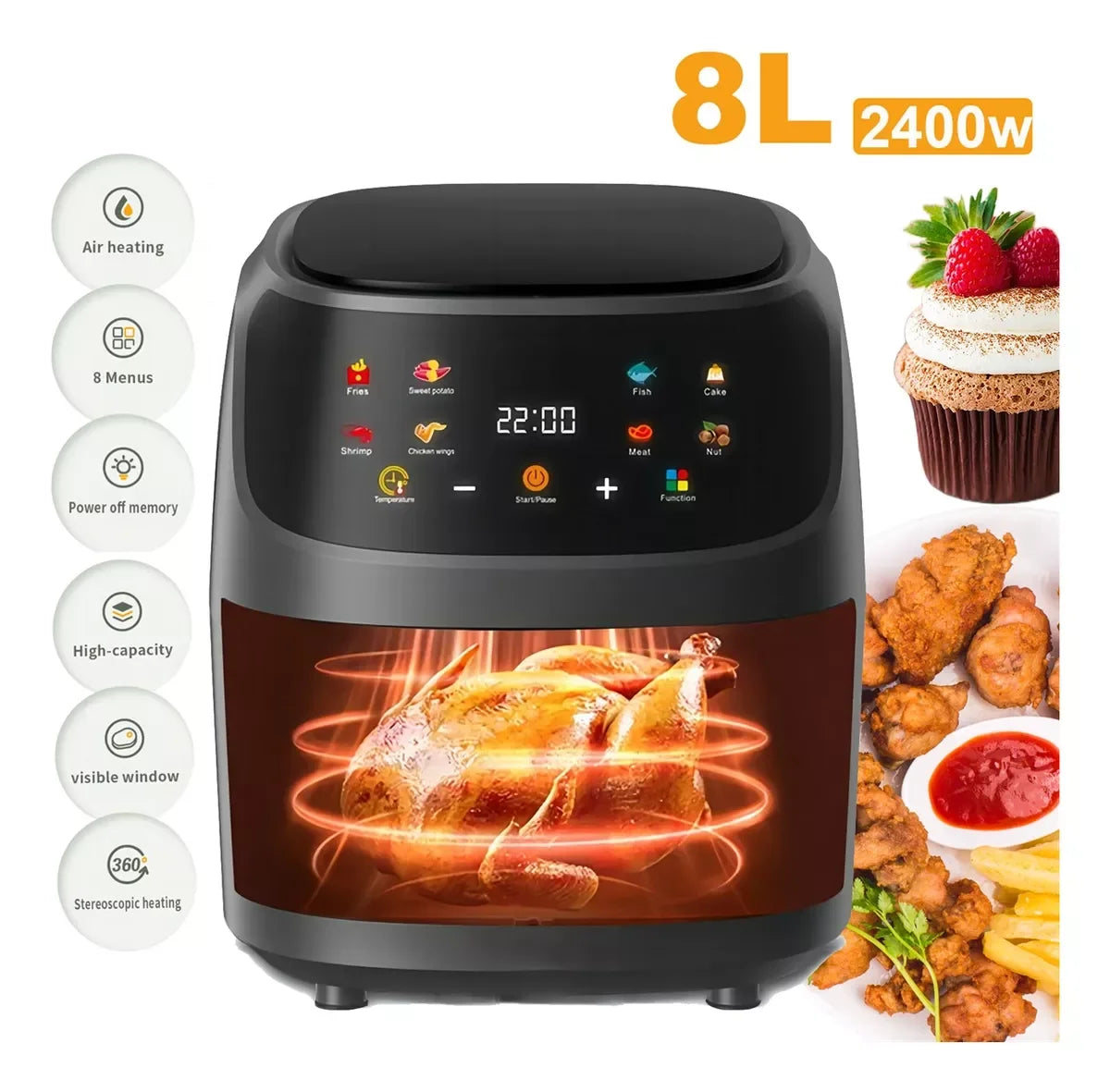 8L 2400W Air Fryer With Touch Screen Temperature Control And Display Programmable Air Fryer (8 Liters)