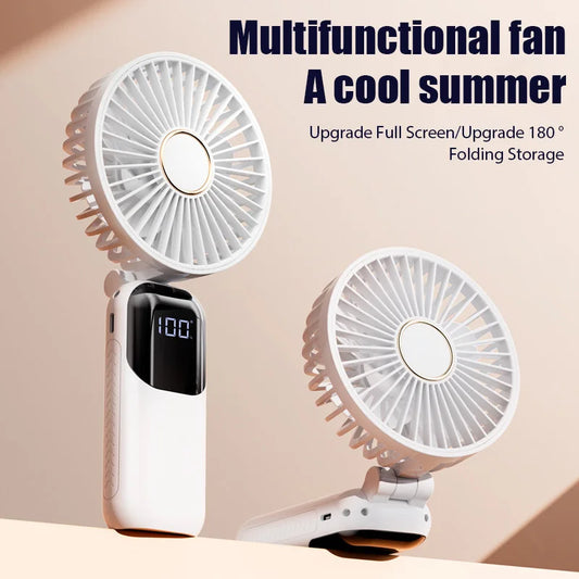 20000mAh Handheld Electric Fan Rechargeable Portable Fan Desktop Mini fan 5 Speeds Foldable Digital Display Air Cooler Camping