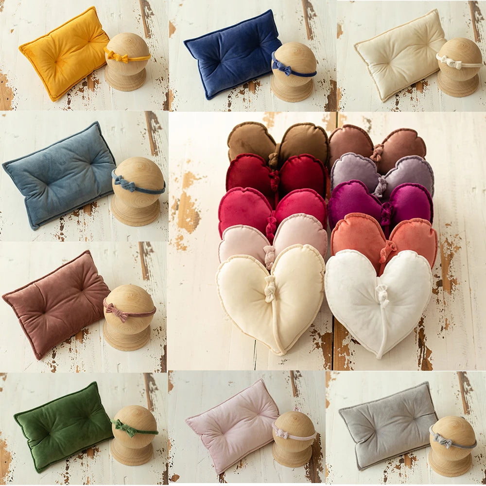 Baby Photography Props Velvet Pillow + Bowknot Hairband for Shoots Set Newborn Photoshoot Studio Shooting Assist Accessories